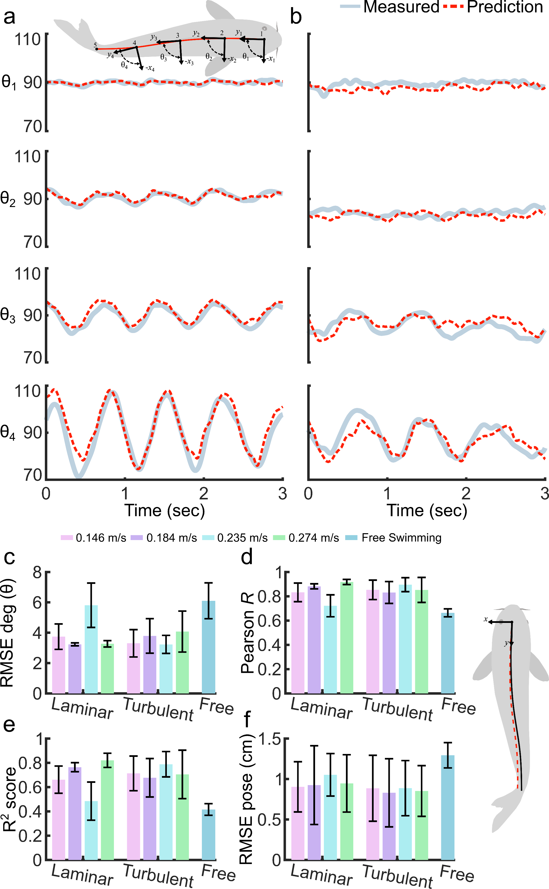 Measured and predicted fish joint angles and pose prediction results